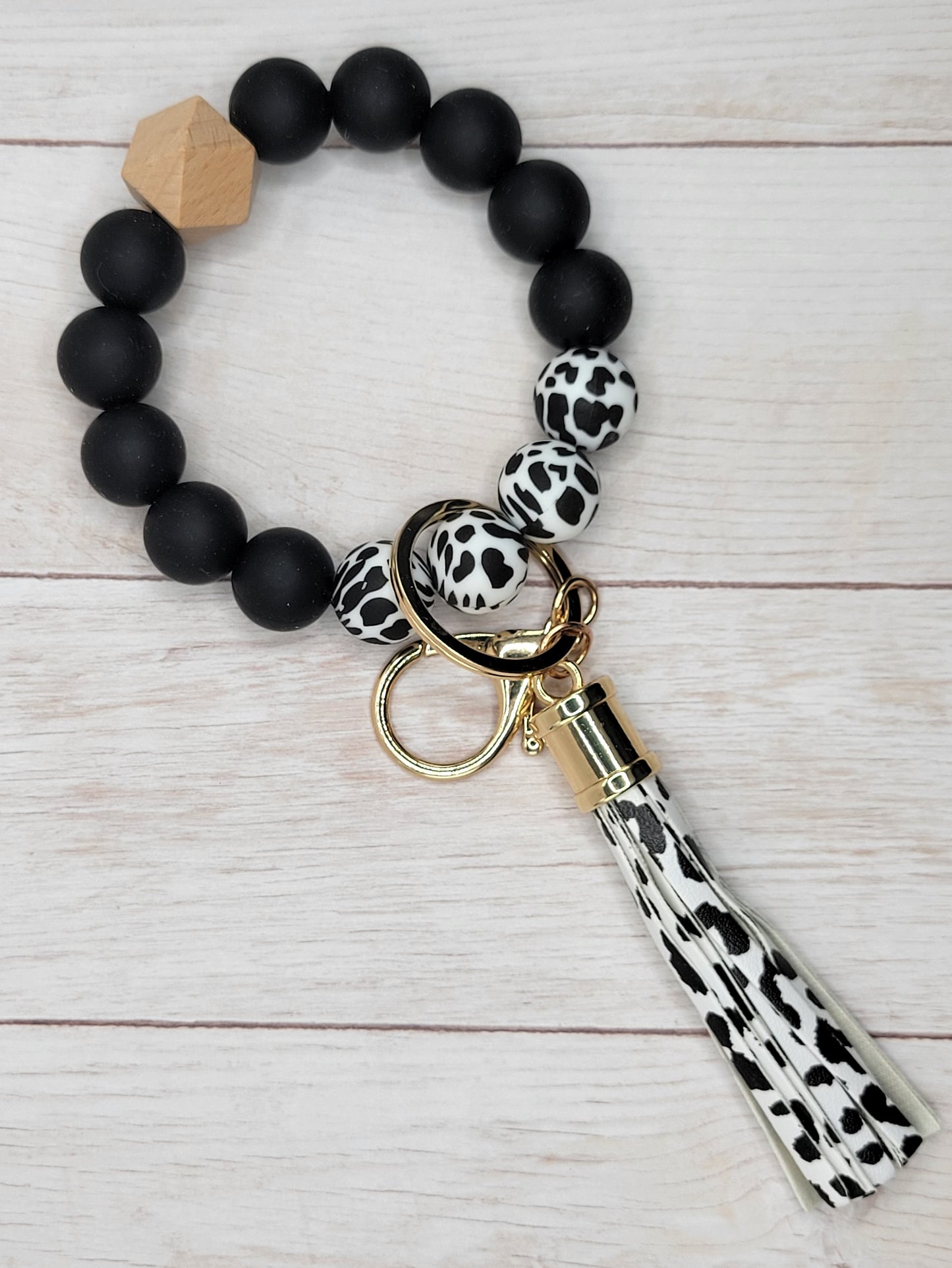 #24 Cow / Black / Silicone Wristlet Keychain w/ Tassel