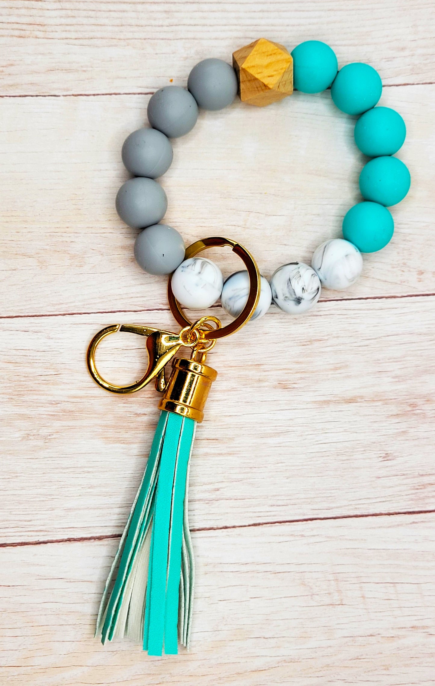 #27 Teal / Gray / Marble Silicone Wristlet Keychain w/ Tassel