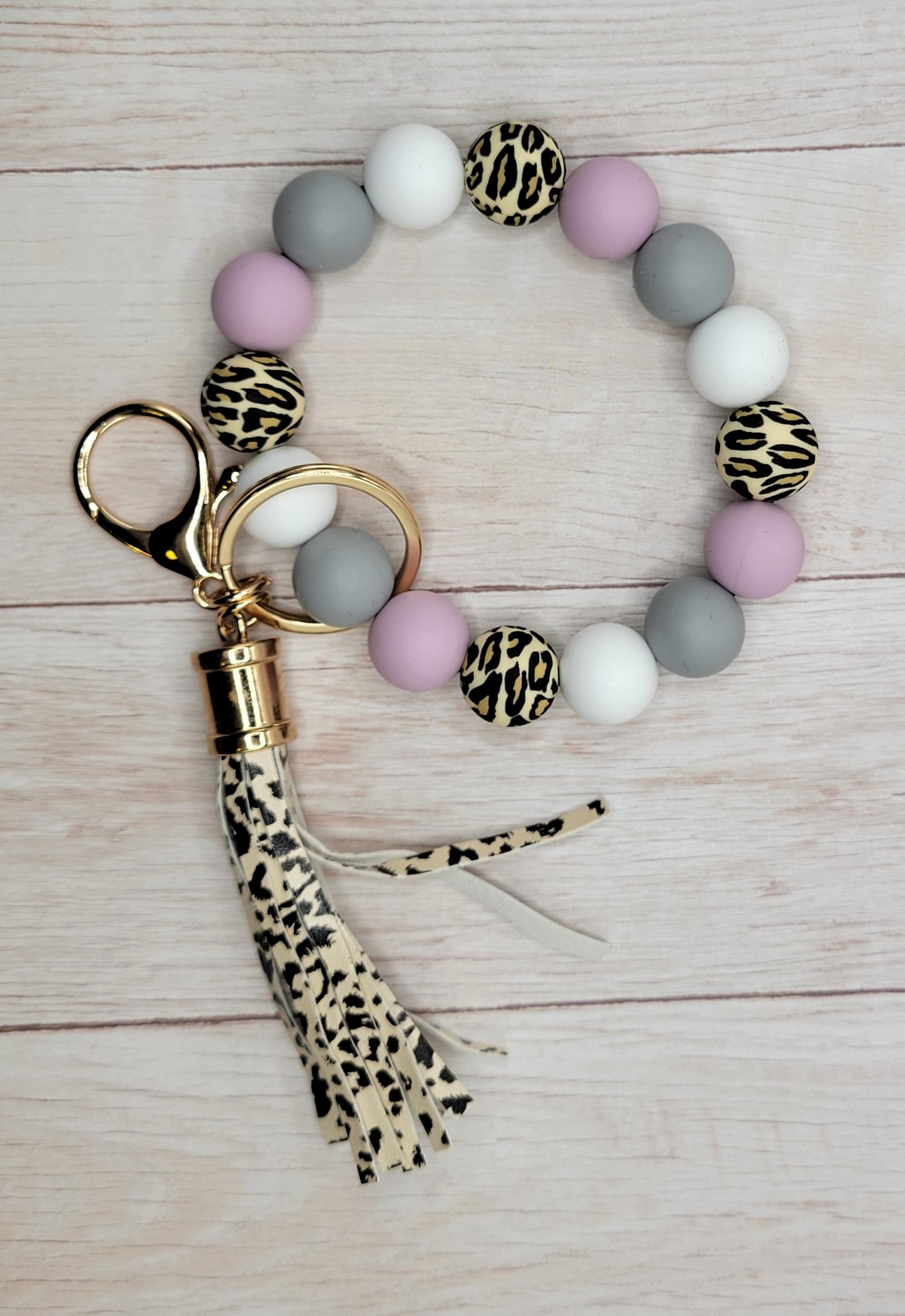 A3 Purple & Gray Leopard Silicone Wristlet Keychain w/ Tassel